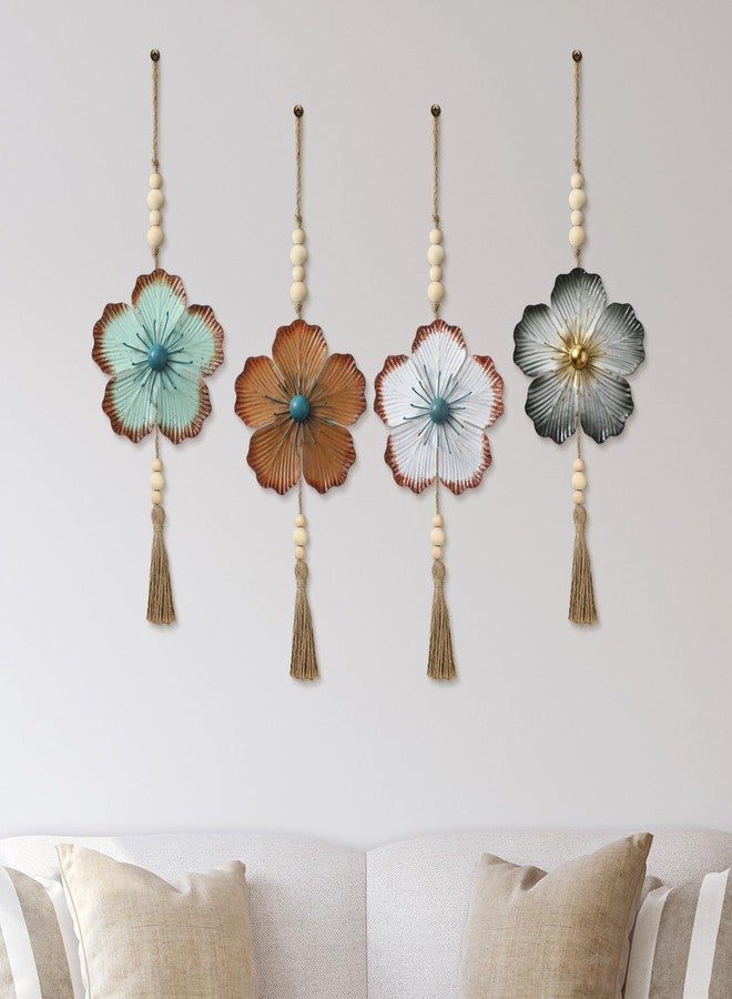 Tandefio 4 Pcs Metal Flower Wall Decor 7.9 x 22 Inch Large Metal Wall Art Decor Rustic Blue Floral Hanging Art for Living Room Home Bathroom Bedroom Indoor Outdoor (Retro) - Image 1