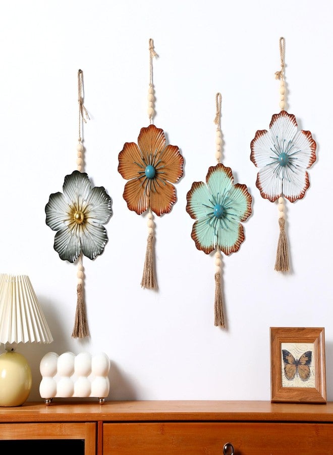 Tandefio 4 Pcs Metal Flower Wall Decor 7.9 x 22 Inch Large Metal Wall Art Decor Rustic Blue Floral Hanging Art for Living Room Home Bathroom Bedroom Indoor Outdoor (Retro) - Image 3