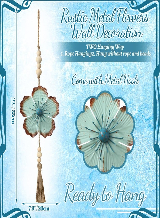 Tandefio 4 Pcs Metal Flower Wall Decor 7.9 x 22 Inch Large Metal Wall Art Decor Rustic Blue Floral Hanging Art for Living Room Home Bathroom Bedroom Indoor Outdoor (Retro) - Image 4