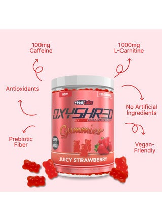 EHP Labs OxyShred Gummies - Pre Workout Gummies & Energy Chews with 100mg Caffeine, L-Carnitine for Thermo & Metabolic Support, All Natural Energy Boost - Strawberry Flavor – 60 Servings | Best Price Qatar
