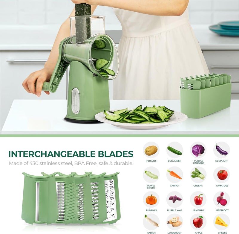 susteas Rotary Cheese Grater with Handle - Vegetable Shredder with 5 Well-designed Blades & Strong Suction Base,Round Mandoline Slicer & Food Chopper for Kitchen,with Blade Storage Box(Retro Green) - Image 3