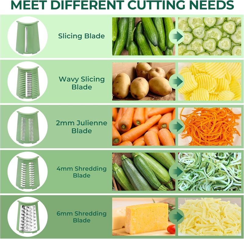 susteas Rotary Cheese Grater with Handle - Vegetable Shredder with 5 Well-designed Blades & Strong Suction Base,Round Mandoline Slicer & Food Chopper for Kitchen,with Blade Storage Box(Retro Green) - Image 4