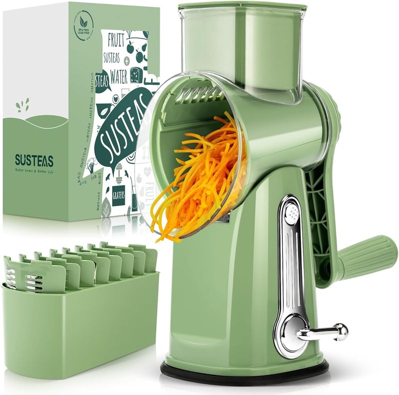 susteas Rotary Cheese Grater with Handle - Vegetable Shredder with 5 Well-designed Blades & Strong Suction Base,Round Mandoline Slicer & Food Chopper for Kitchen,with Blade Storage Box(Retro Green) - Image 1