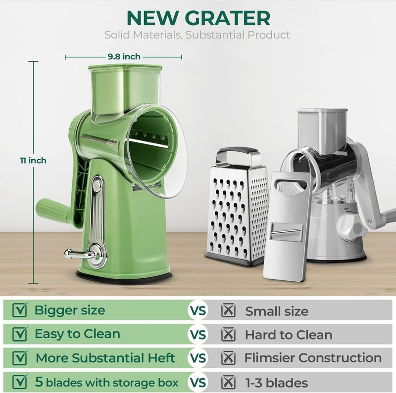 susteas Rotary Cheese Grater with Handle - Vegetable Shredder with 5 Well-designed Blades & Strong Suction Base,Round Mandoline Slicer & Food Chopper for Kitchen,with Blade Storage Box(Retro Green) - Image 2