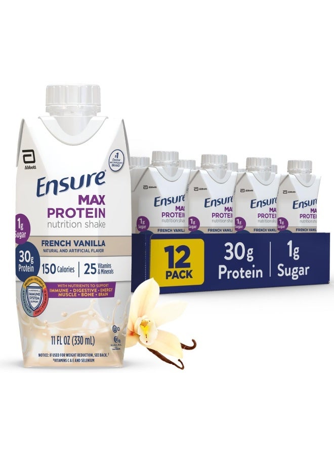 Ensure شراب ماكس بروتين للتغذية مع 30 جرام من البروتين، 1 جرام من السكر، شراب بروتين عالي، فانيليا فرنسية، 11 أونصة سائلة (عبوة من 12) - Image 1