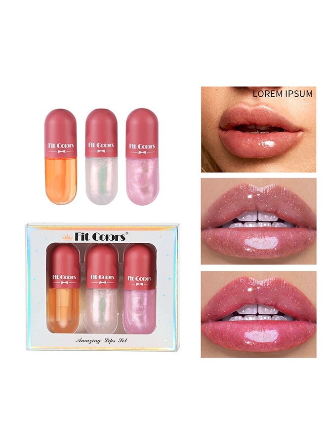 Fit Colors 3 ألوان زيت شفاه لؤلؤي لامع ملون مرطب وملمع شفاه ممتلئ شفاف، زيت شفاه زجاجي متوهج للشفاه بملمس منعش وغير لزج ومغذي ومصلح ومغذي لتفتيح خطوط الشفاه  - Image 1