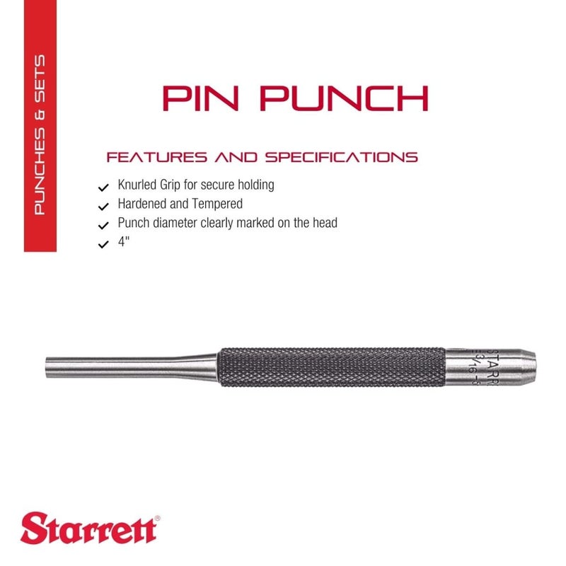 Starrett Drive Pin Punch with Knurled Grip for Driving Pins Into or Out of a Workpiece - Hardened and Tempered Steel, 4" Length, 3/16" Punch Diameter - 565E (Pack of 2) - Image 2