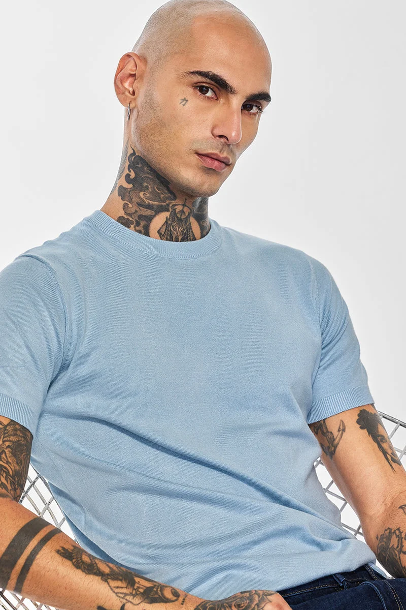Snitch Light Blue Core Lab Light Blue Flat Knit Slim Fit T-Shirt for Men | Best Price UAE