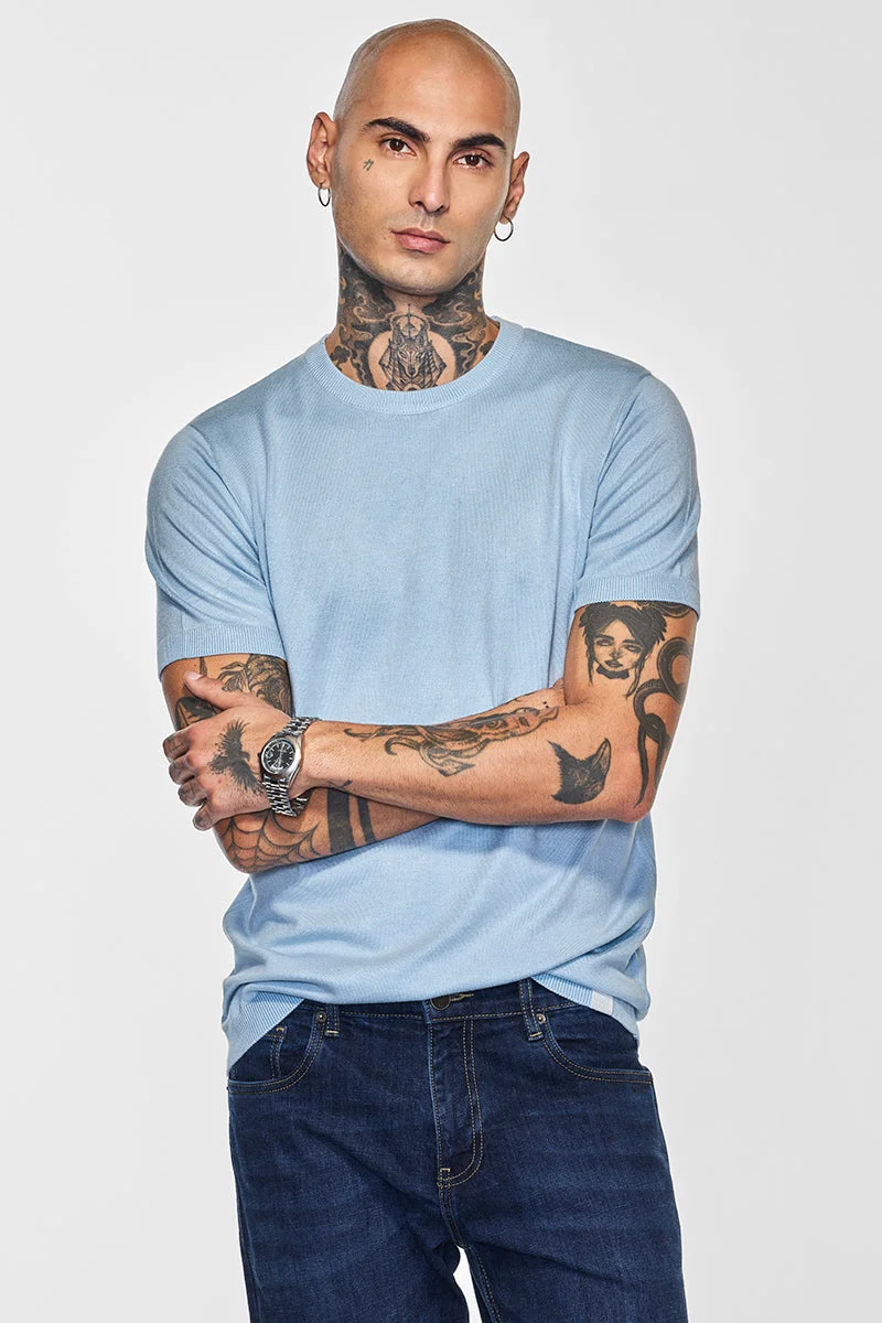 Snitch Light Blue Core Lab Light Blue Flat Knit Slim Fit T-Shirt for Men | Best Price UAE