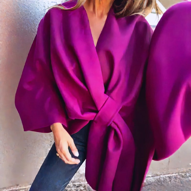 Women Loose Fit V-Neck Cape Poncho Jacket Coat - Image 3
