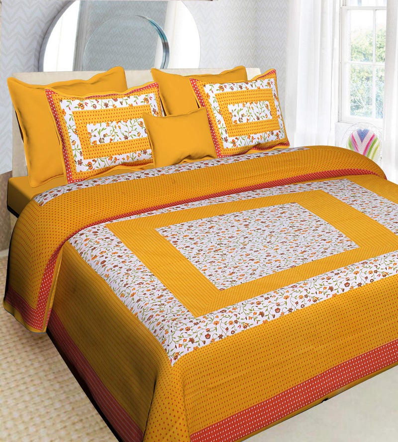 Ealth Kart 151 TC Cotton Comfort Rajasthani Jaipuri Traditional King Size Floral Double Bedsheet with 2 Pillow Covers (Yellow, Queen) - Image 5