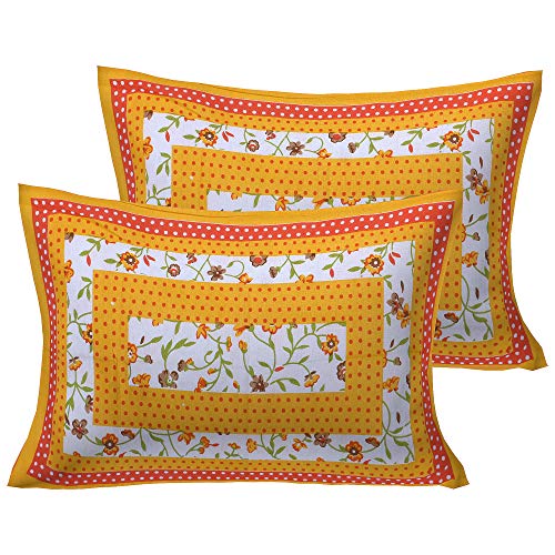 Ealth Kart 151 TC Cotton Comfort Rajasthani Jaipuri Traditional King Size Floral Double Bedsheet with 2 Pillow Covers (Yellow, Queen) - Image 2