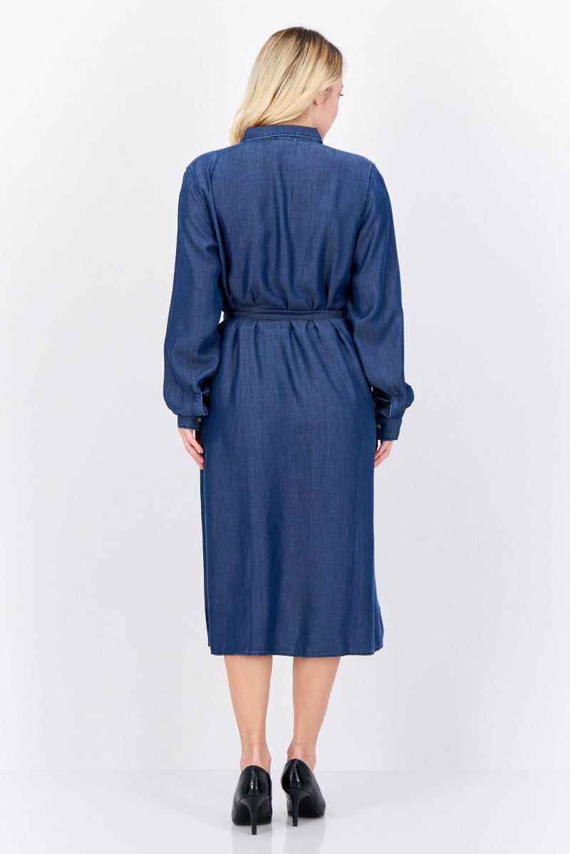 NAH/ Studio Women Plain Midi Belted Dress, Navy Blue - Image 3