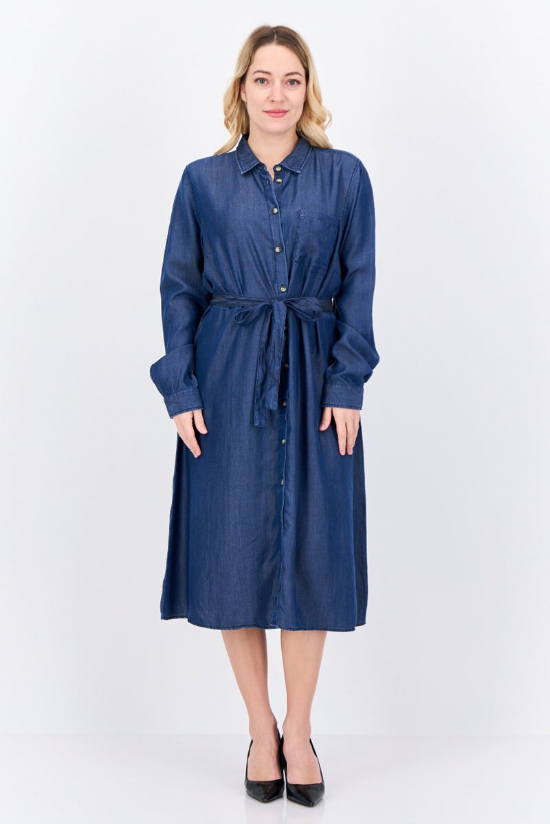 NAH/ Studio Women Plain Midi Belted Dress, Navy Blue - Image 1