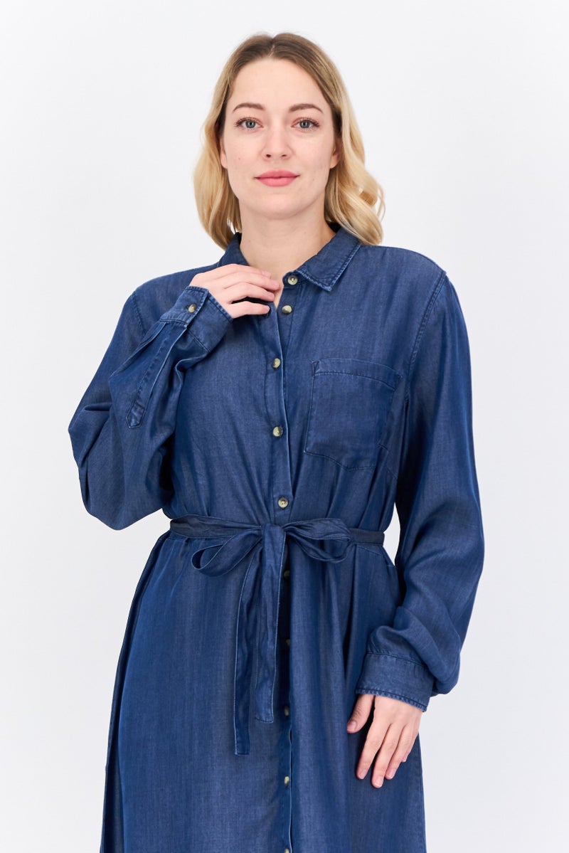 NAH/ Studio Women Plain Midi Belted Dress, Navy Blue - Image 4