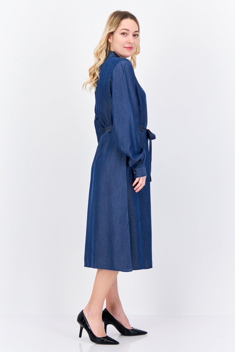 NAH/ Studio Women Plain Midi Belted Dress, Navy Blue - Image 2