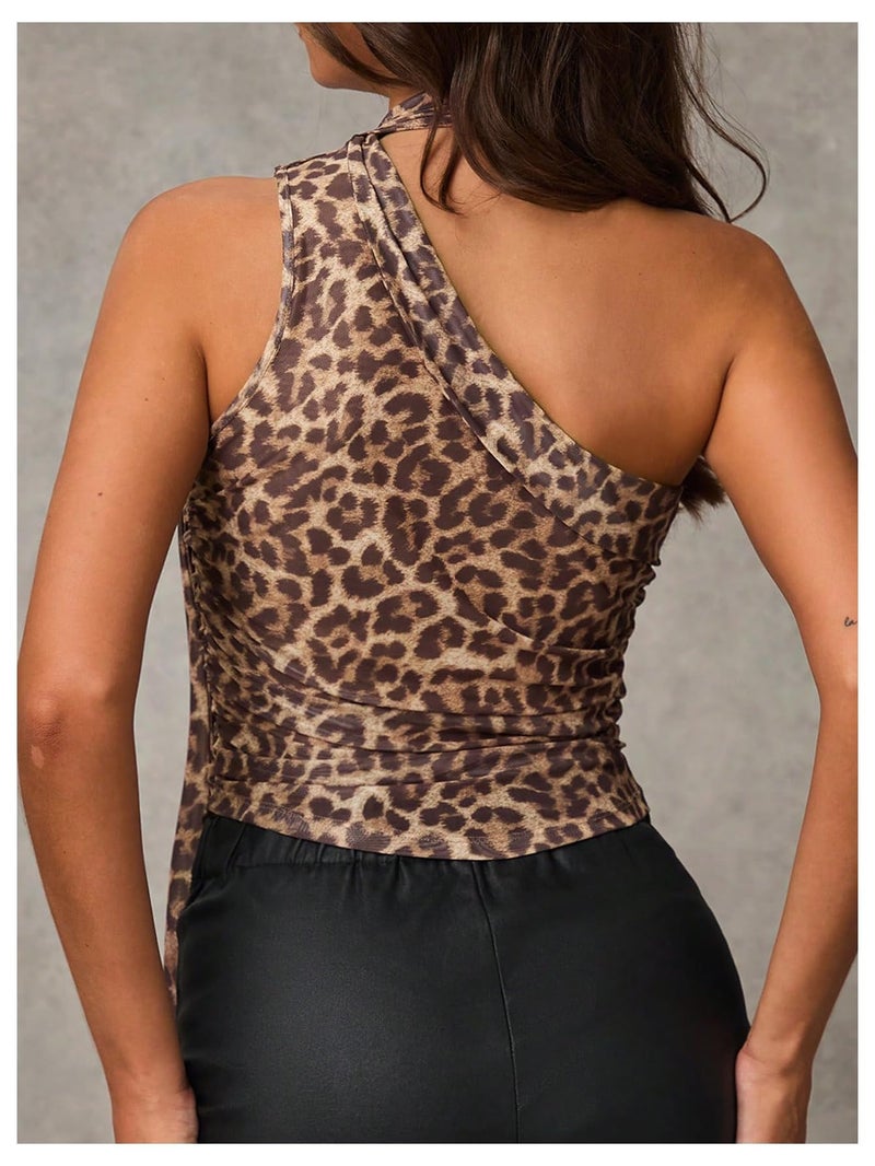 WDIRARA Women's Leopard Print Halter Crop Top Ruched Sleeveless Mesh Shirt with Scarf Y2k - Image 2