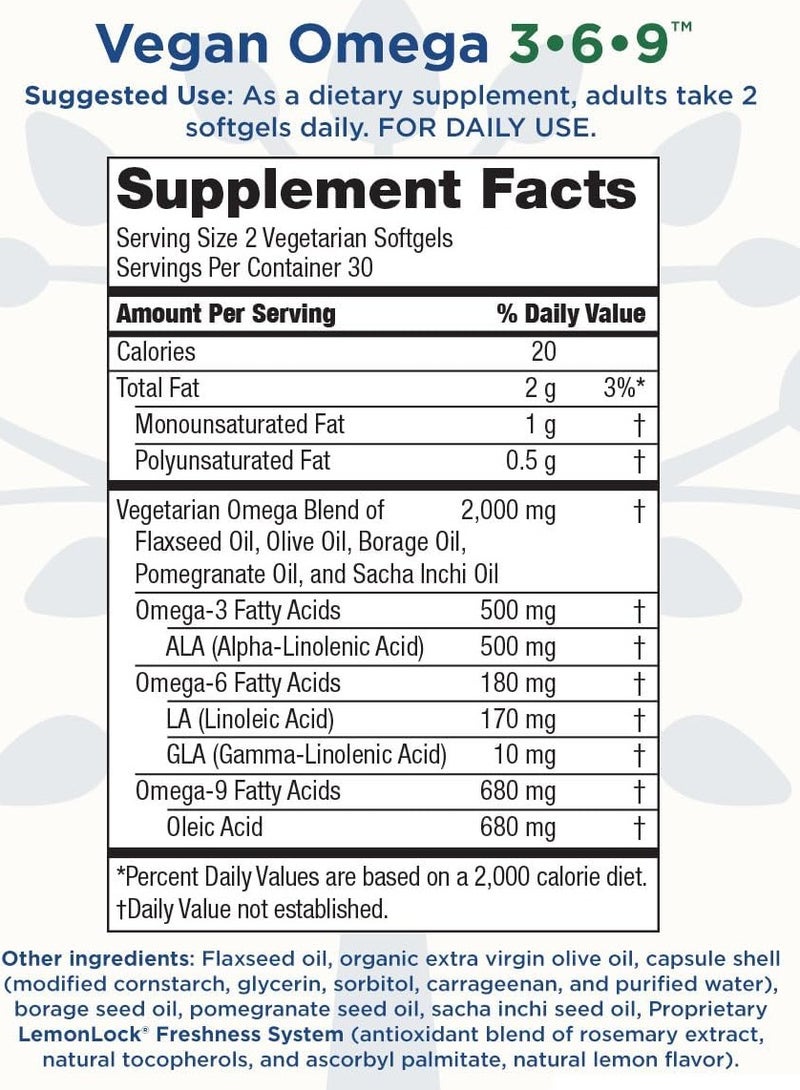 Purity Products Vegan Omega 3-6-9, Cardiovascular, Brain, Skin and Eye Health, 60 Vegetarian Softgels - Image 3