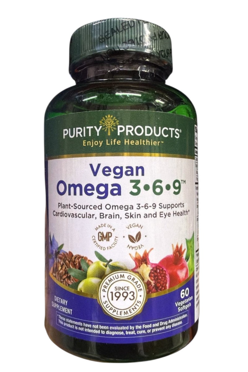 Purity Products Vegan Omega 3-6-9, Cardiovascular, Brain, Skin and Eye Health, 60 Vegetarian Softgels - Image 1