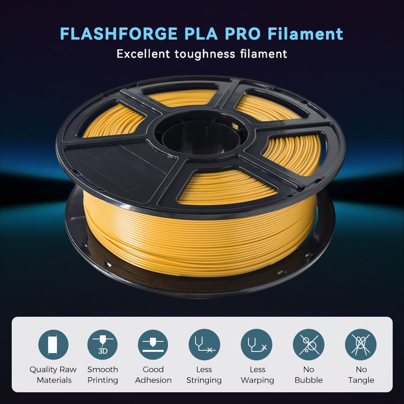 FLASHFORGE 3D Printer Filament, PLA PRO Filament 1.75mm, 1KG Spool (2.2lbs), Dimensional Accuracy +/- 0.02mm for FDM 3D Printers, Better Tenacity & No Knotting (Gold) - Image 2