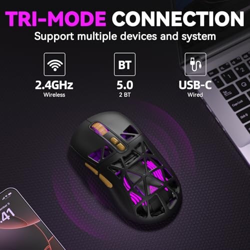 CORBOBO SOLAKAKA SM802 Wireless Gaming Mouse,24,000 DPI Max,Tri-Mode 2.4GHz/BT/Wired USB Rechargeable Gamer Mouse with RGB,Programmable Macro Buttons,68g Lightweight Computer Mouse for Laptop/PC/Mac - Image 3