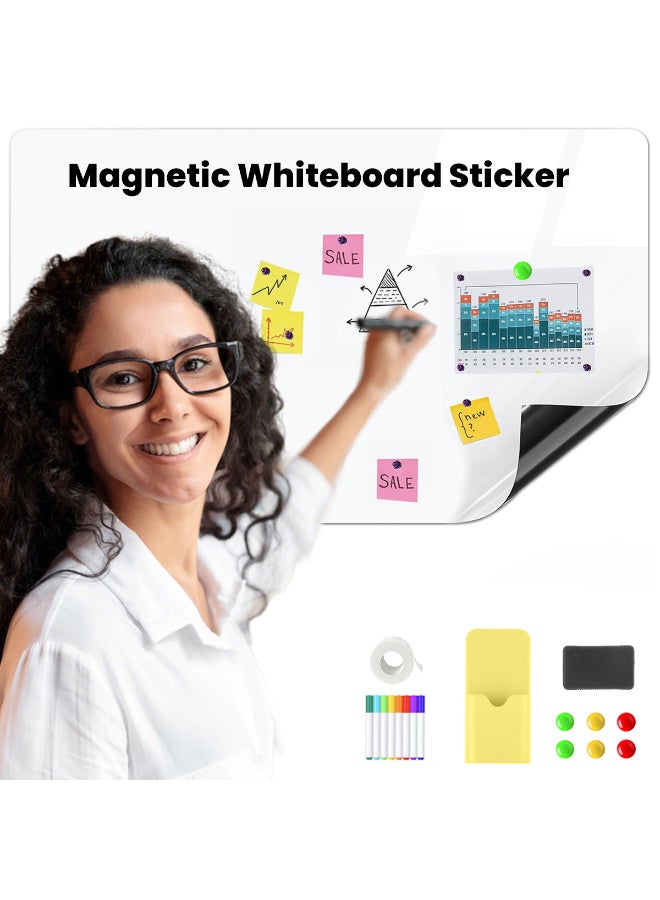 Magnetic Whiteboard Sticker,Self Adhesive Whiteboard for Wall,Adhesive Backing Dry Erase Board for Wall,Easy to Write and Clean Dry Erase Board for Kids, Office, Home, with Marker, Magnetic Eraser and Magnets(90x120cm)