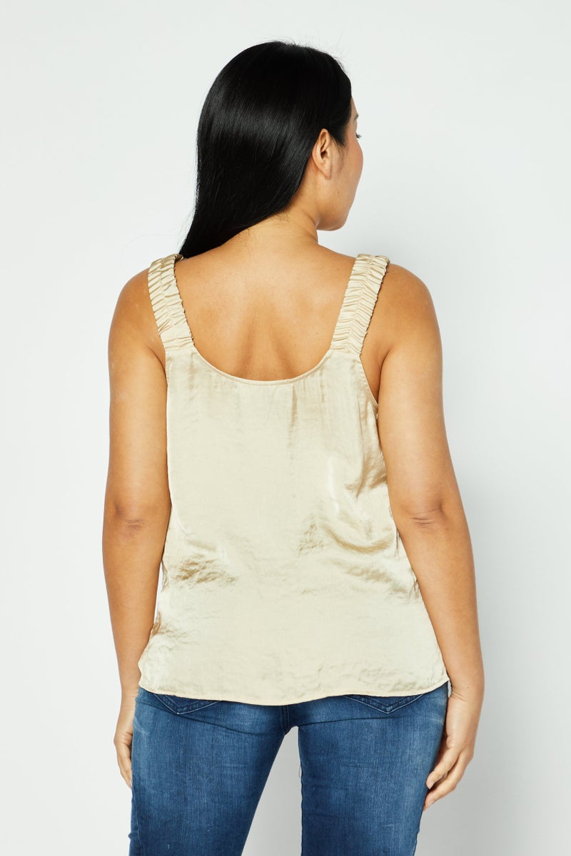 DKNY Women V-Neck Sleeveless Plain Top, Beige - Image 3