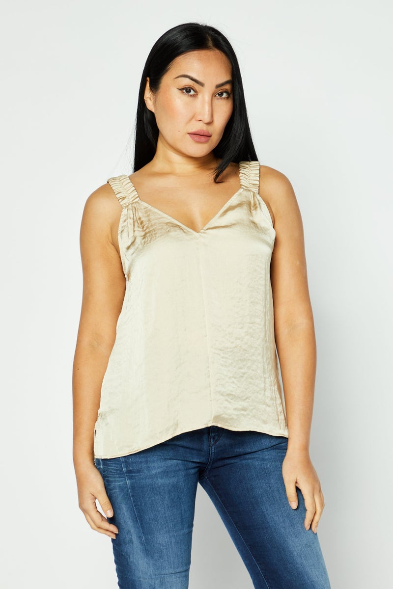 DKNY Women V-Neck Sleeveless Plain Top, Beige - Image 1