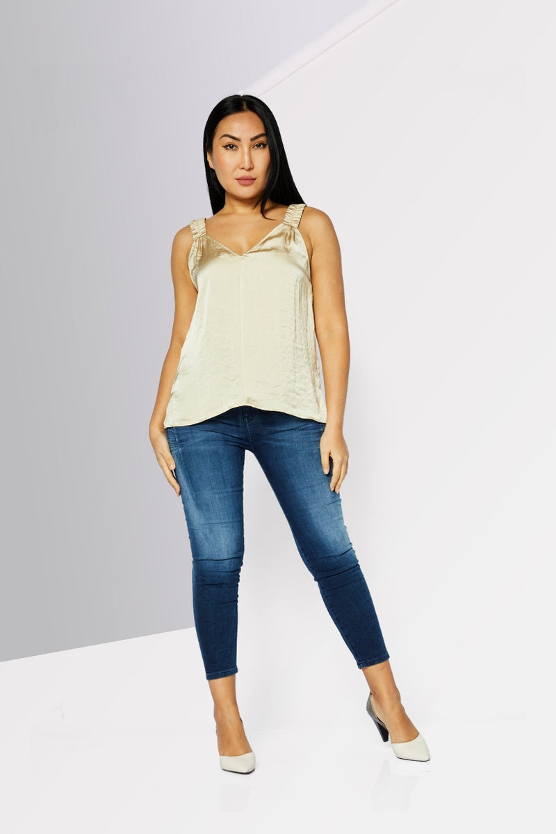 DKNY Women V-Neck Sleeveless Plain Top, Beige - Image 2