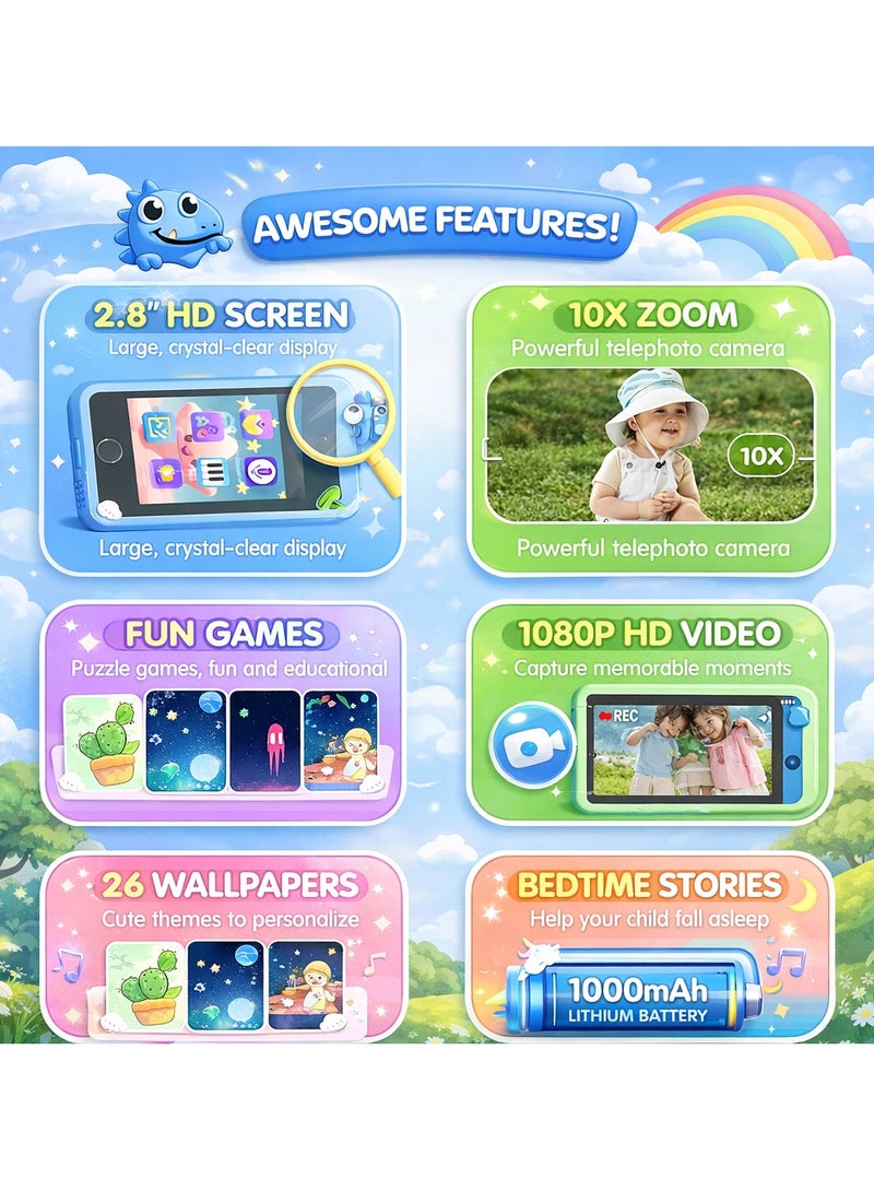 Maanys Kids Smart Phone with Dual Camera, Toddler Phone Toys with Learning Games & MP3 Music Player, Dinosaur Theme, Children's Department, Ages 3-7, Unisex, Blue Dinosaur - Image 4