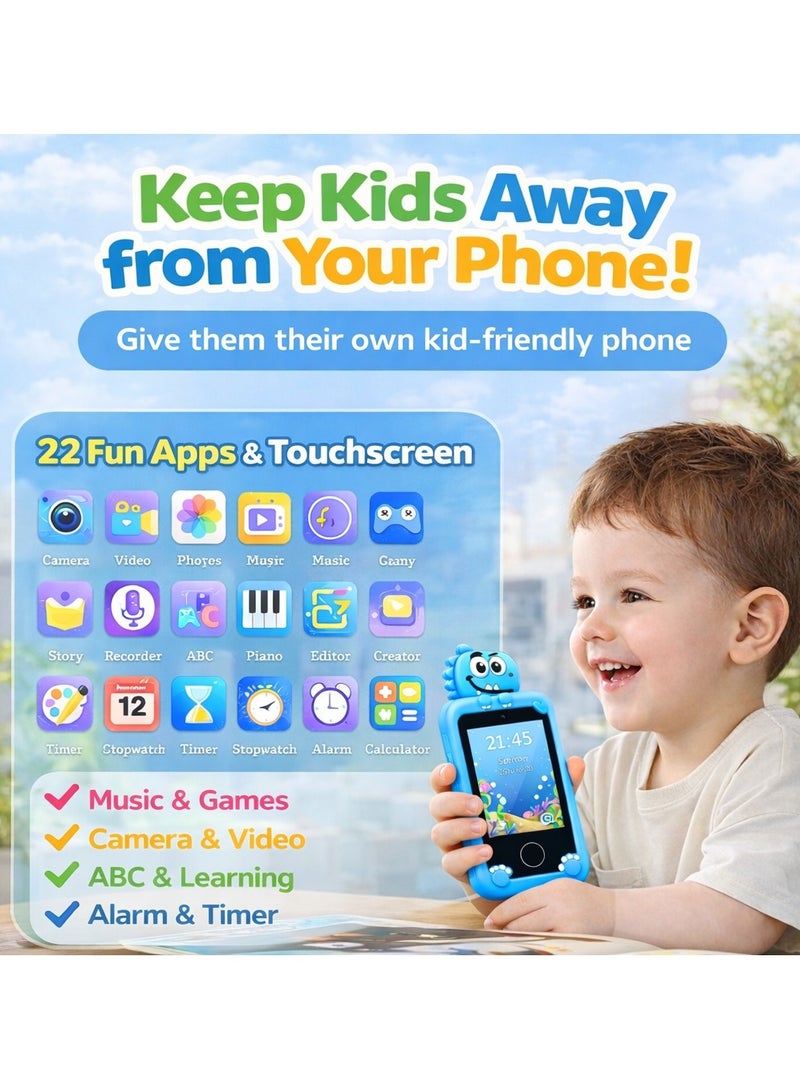 Maanys Kids Smart Phone with Dual Camera, Toddler Phone Toys with Learning Games & MP3 Music Player, Dinosaur Theme, Children's Department, Ages 3-7, Unisex, Blue Dinosaur - Image 5