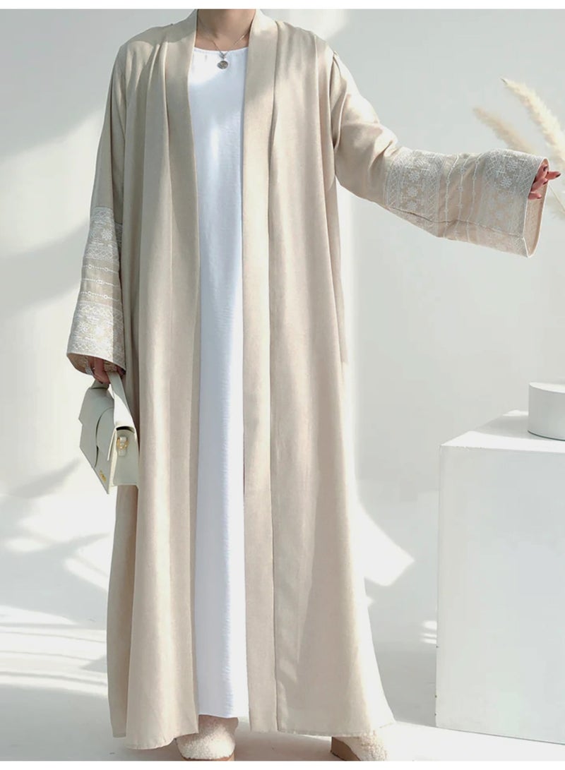 عباية مفتوحة أنيقة باللون البيج مع أكمام مطرزة - Image 4