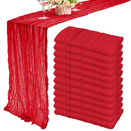 12 Pack 10Ft Cheesecloth Table Runner 35x120 Inch Boho Gauze Table Runner Rustic Cheese Cloth Long Romantic Table Runners for Wedding Bridal Shower Birthday Party Table Decor Red