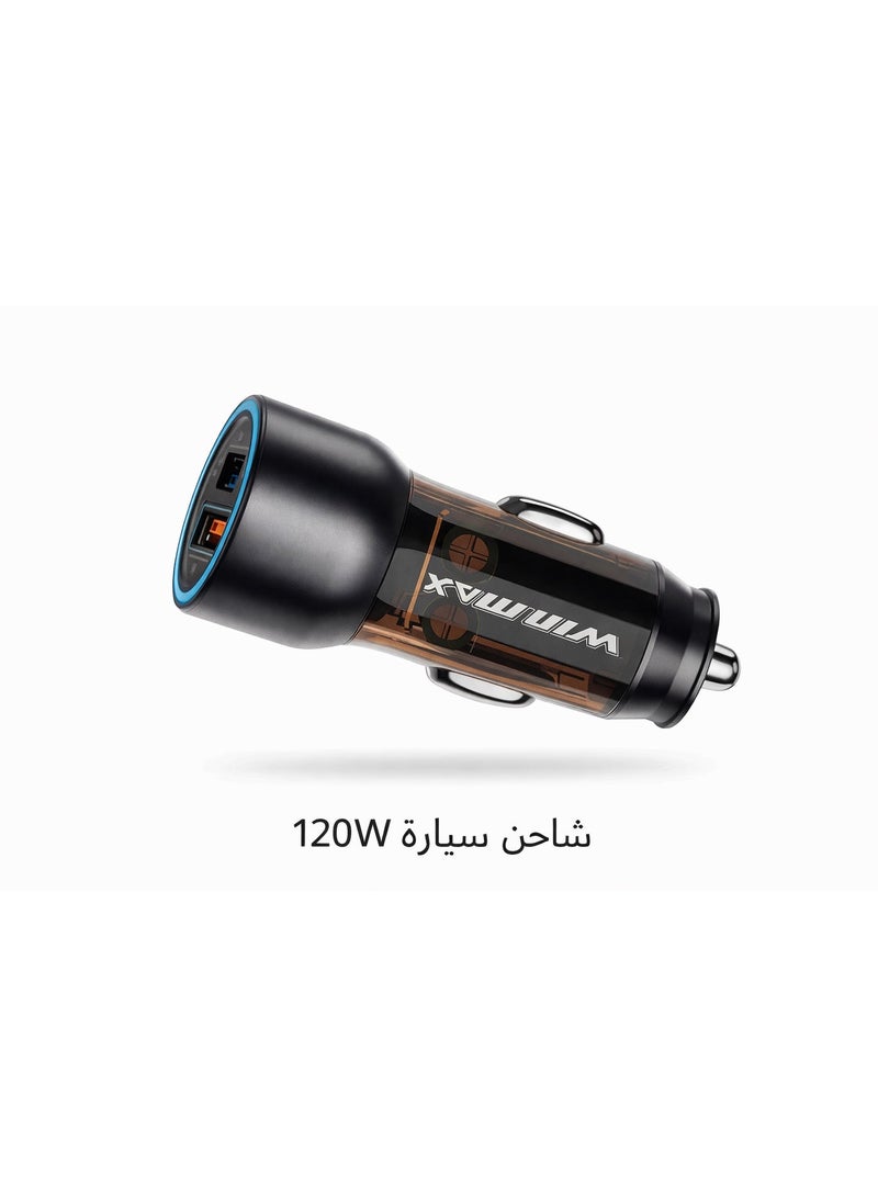 وينماكس شاحن سيارة ذكي سريع وينماكس، 120 واط، بمنافذ USB-A و USB-C مع ضوء LED - Image 2