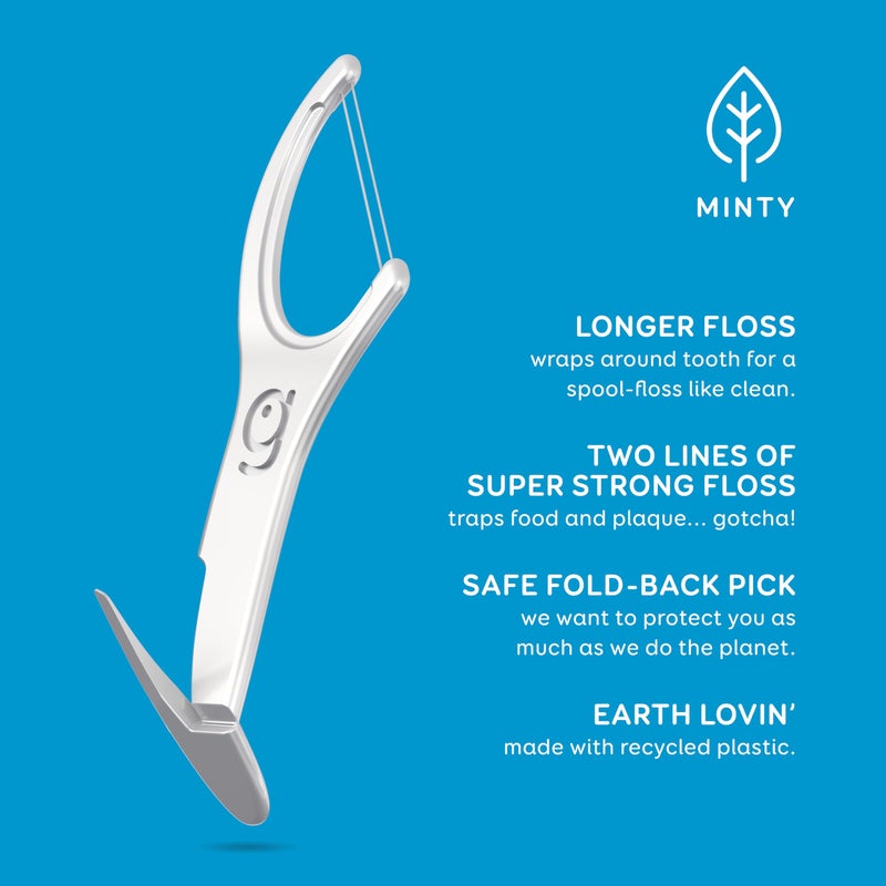 GRIN Double Flosspyx, Floss Picks, 75 Count, Dental Flossers, Minty Flavor, Recycled Plastic, 2 Lines of Strong Floss, Longer Floss Head, Traps Food and Plaque, Includes Safe Soft Fold-Back Tooth Pick - Image 3