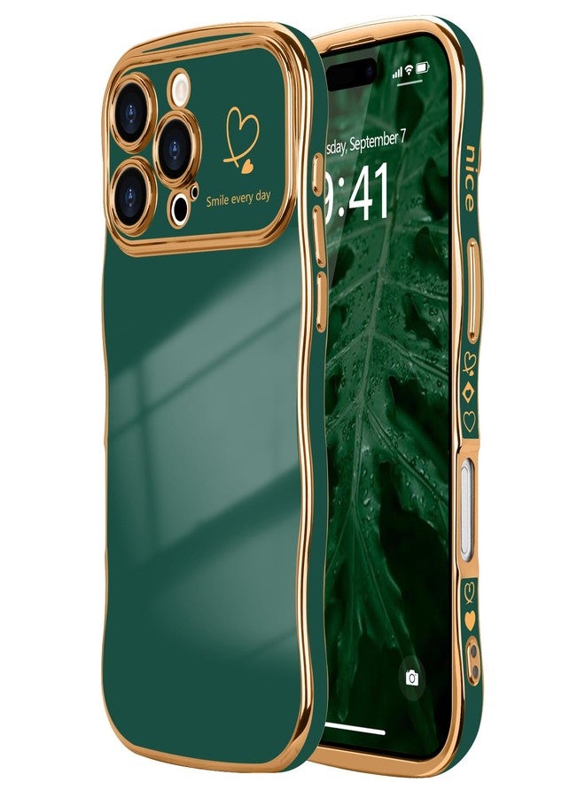 جراب LCHULLE لهاتف iPhone 16 Pro للنساء والفتيات، بتصميم مموج لطيف وشكل حلزوني مع نقش قلب، غطاء حماية بارز للكاميرا، طلاء فاخر مقاوم للصدمات، لون أخضر داكن. - Image 1