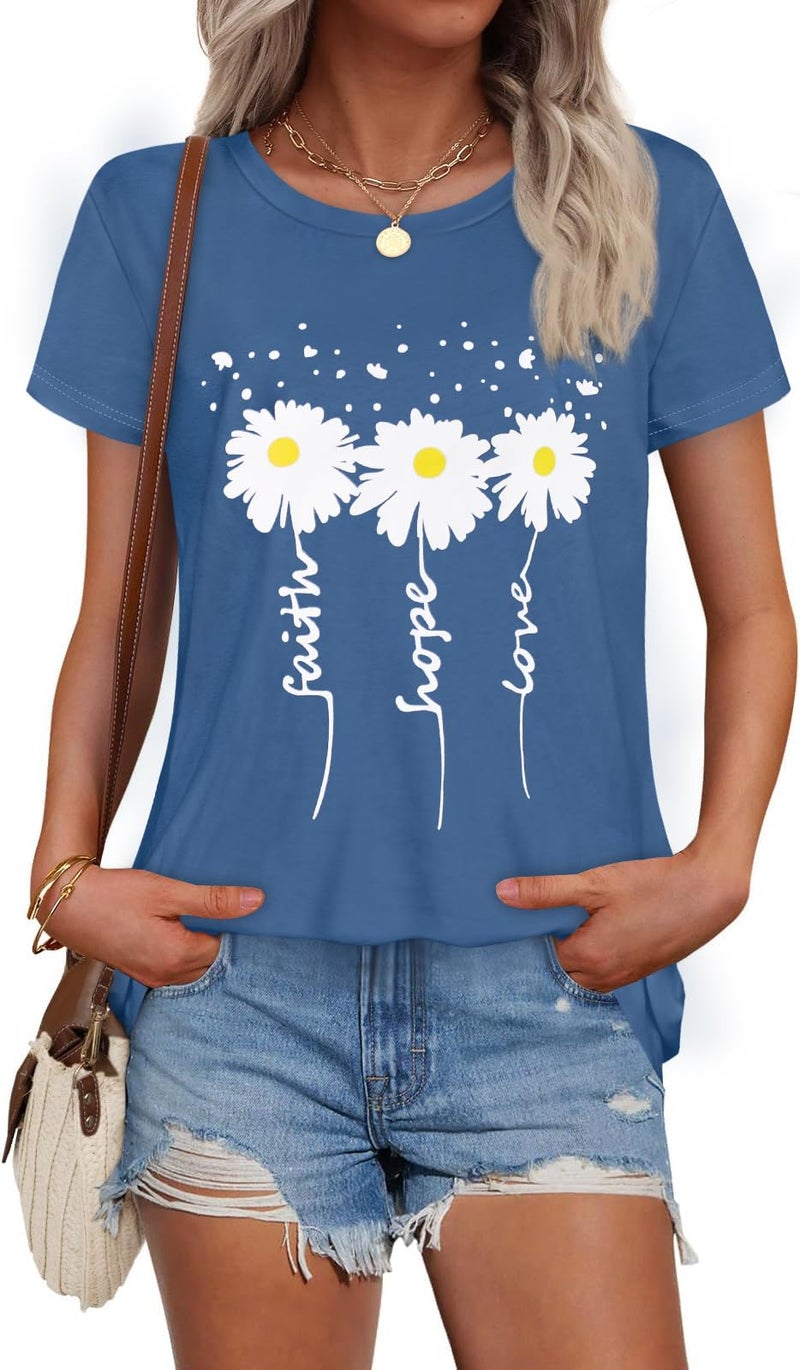 rosemia T Shirts for Women Summer Short Sleeve Crewneck Casual Cute Graphic Basic Tees Tops, White Flowers, L - Image 1