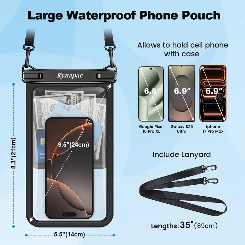 Rynapac [Up to 10"] Large Waterproof Phone Pouch Bag - 2 Pack IPX8 Waterproof Phone Case for iPhone 17 16 15 Pro Max Galaxy S26 S25 Ultra, Touchscreen & Underwater Photography, Beach Cruise Travel Essentials - Image 3