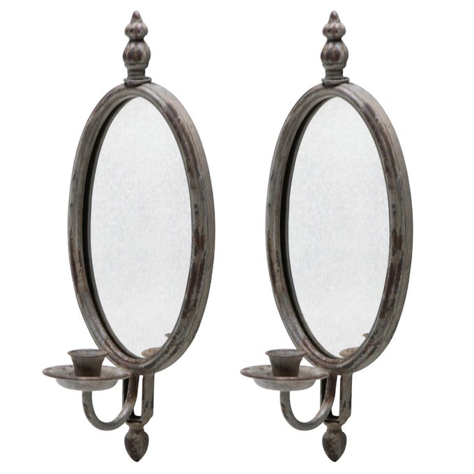 2PCS ANTIQUE METAL CANDLE SCONCES CANDLESTICK HOLDER WALL MOUNTED DISTRESSED WITH OVAL FADEDLOOKING MIRROR
