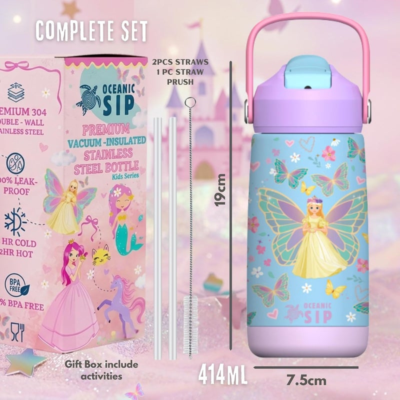 OCEANIC Kids Premium Stainless Steel Water Bottle 380ml 12oz Double-Wall Vacuum Insulated 304 Stainless steel Water Bottle BPA FREE Leak Proof- Best for School, Birthday Gift (Fairyland, 414ml) - Image 2