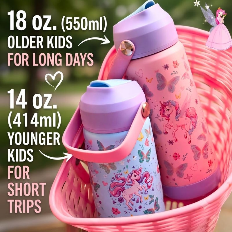 OCEANIC Kids Premium Stainless Steel Water Bottle 380ml 12oz Double-Wall Vacuum Insulated 304 Stainless steel Water Bottle BPA FREE Leak Proof- Best for School, Birthday Gift (Fairyland, 414ml) - Image 4