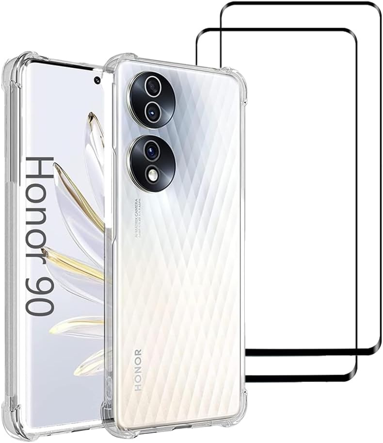 [1+2] غطاء لهاتف Honor 90، شفاف من السيليكون/المطاط مقاوم للصدمات مع واقي شاشة من الزجاج المقوى (قطعتان)، TPU، حماية عسكرية المستوى - Image 1