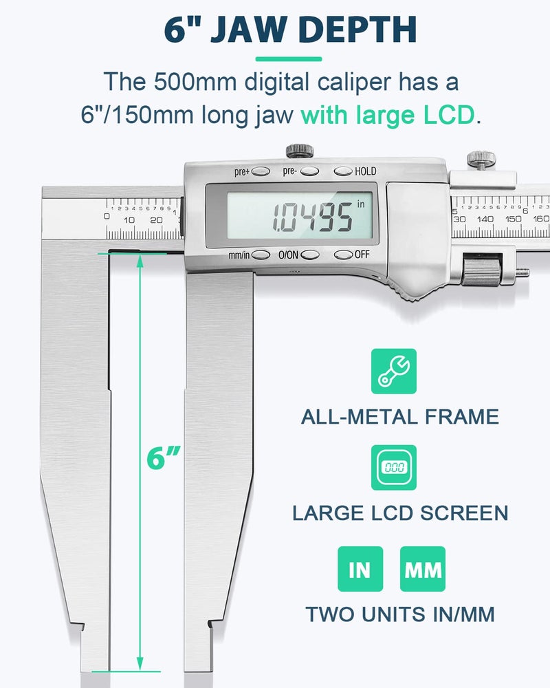 Mxmoonfree 20 Inch Digital Caliper Long Jaw Caliper with 6" Jaw Depth Calipers Measuring Tool All-Metal Frame Large LCD Screen 0.0005"/ 0.01mm Resolution (20"/ 500mm) - Image 2