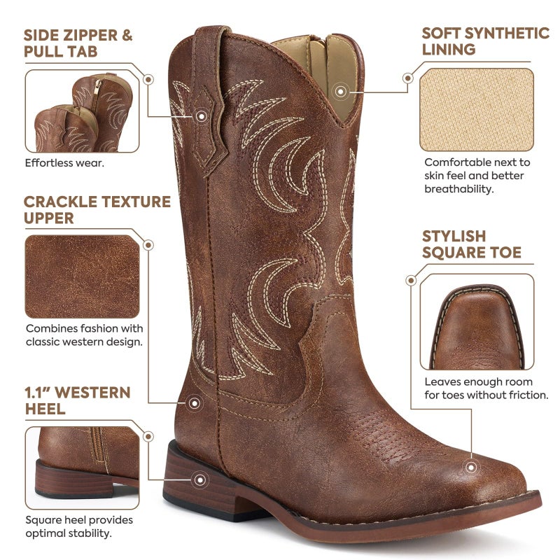 Rollda Kids Cowboy Boots for Boys Cowgirl Boots Square Toe Girls Western Boots Brown Big Kid Size 6 - Image 4