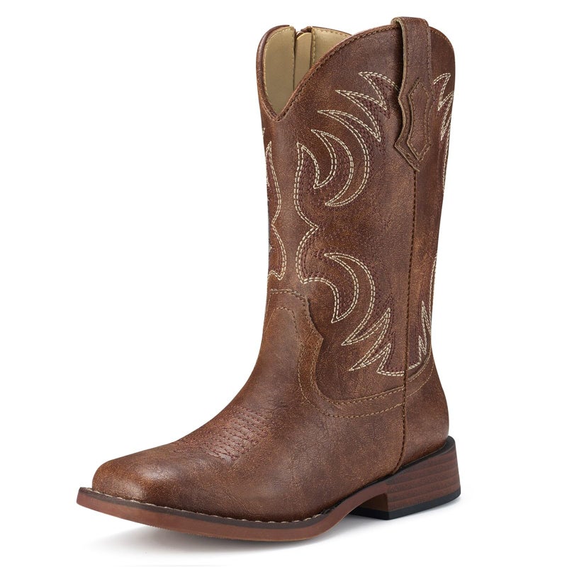 Rollda Kids Cowboy Boots for Boys Cowgirl Boots Square Toe Girls Western Boots Brown Big Kid Size 6 - Image 1