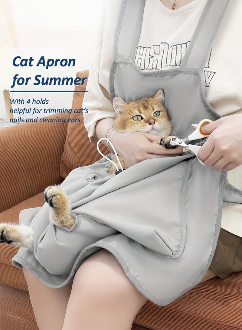 Generic Breathable Cotton Cat Grooming Apron - 4 Holding Holes, Portable Pet Carrier Pouch, Anti-Scratch  Hair Resistant, Comfortable Cat Sling Bag for Outings - Easy Nail Trimming  Ear Cleaning Assistant, - Image 1