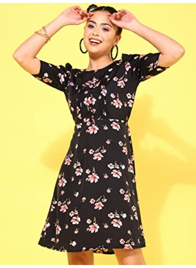 Oomph! فستان وردي قصير من قماش الكريب، بياقة دائرية وأكمام منفوخة، بتصميم رائع! - md619l - Image 2