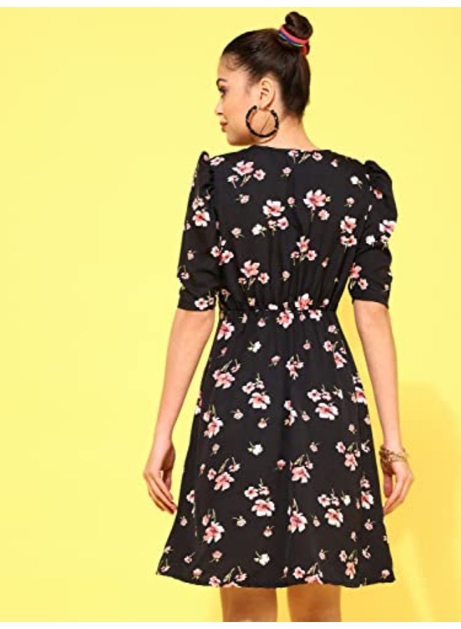 Oomph! فستان وردي قصير من قماش الكريب، بياقة دائرية وأكمام منفوخة، بتصميم رائع! - md619l - Image 5