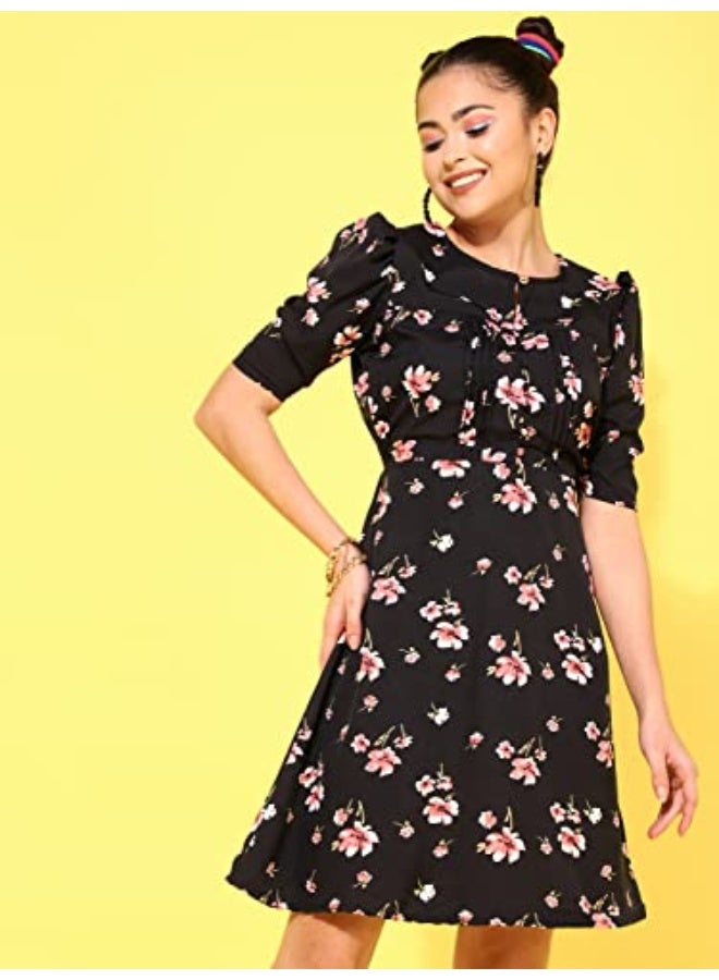 Oomph! فستان وردي قصير من قماش الكريب، بياقة دائرية وأكمام منفوخة، بتصميم رائع! - md619l - Image 3