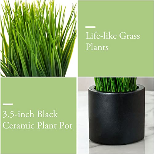 MyGift Tabletop Artificial Grass Plants Decorative Faux Greenery Plant Potted in Modern Cylindrical Black Cement Pots, Set of 2 - Image 2